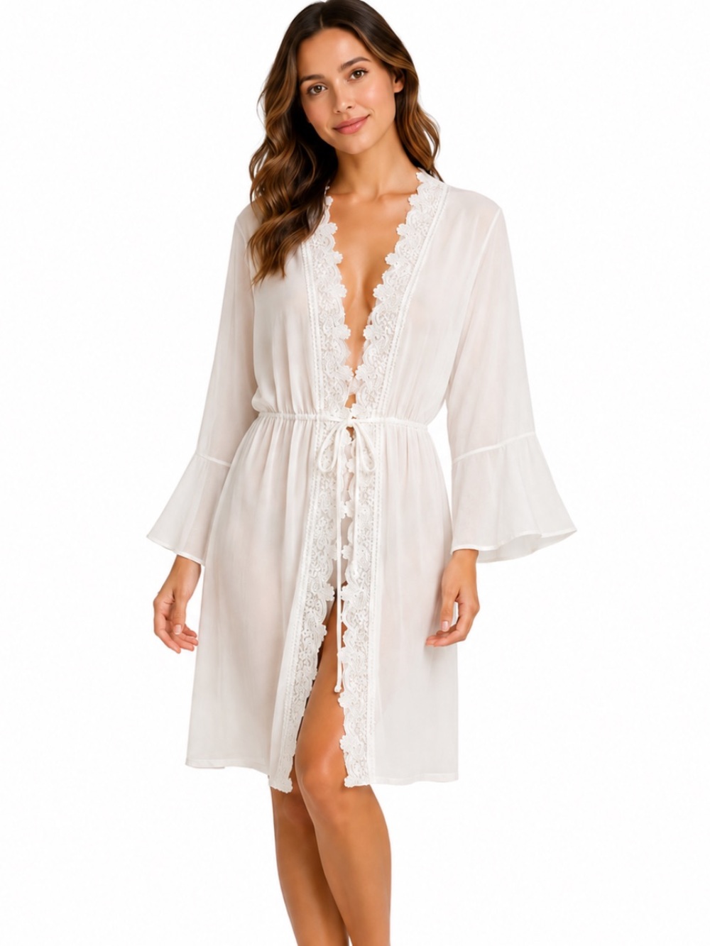 Paperoc Vintage Inspired White Lace-Trim Sheer Robe Tie Front